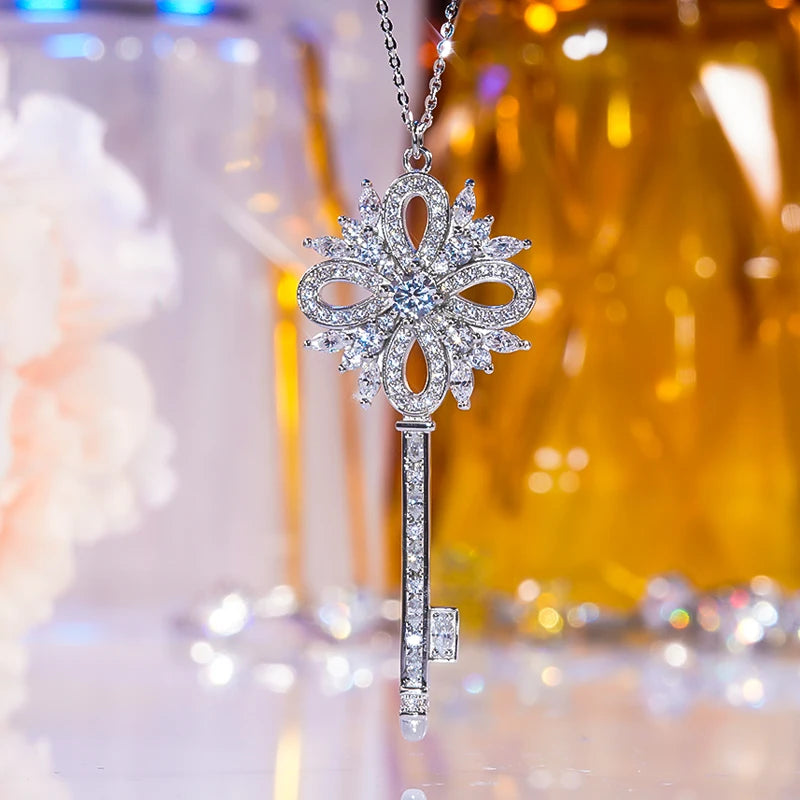 Snowflake Diamond Key Necklace 100% 925 Sterling Silver