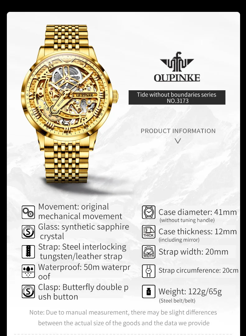OUPINKE Men Watches Luxury Automatic Mechanical Self Winding Skeleton 5ATM Waterproof Sapphire and Tungsten Steel Wrist Watch