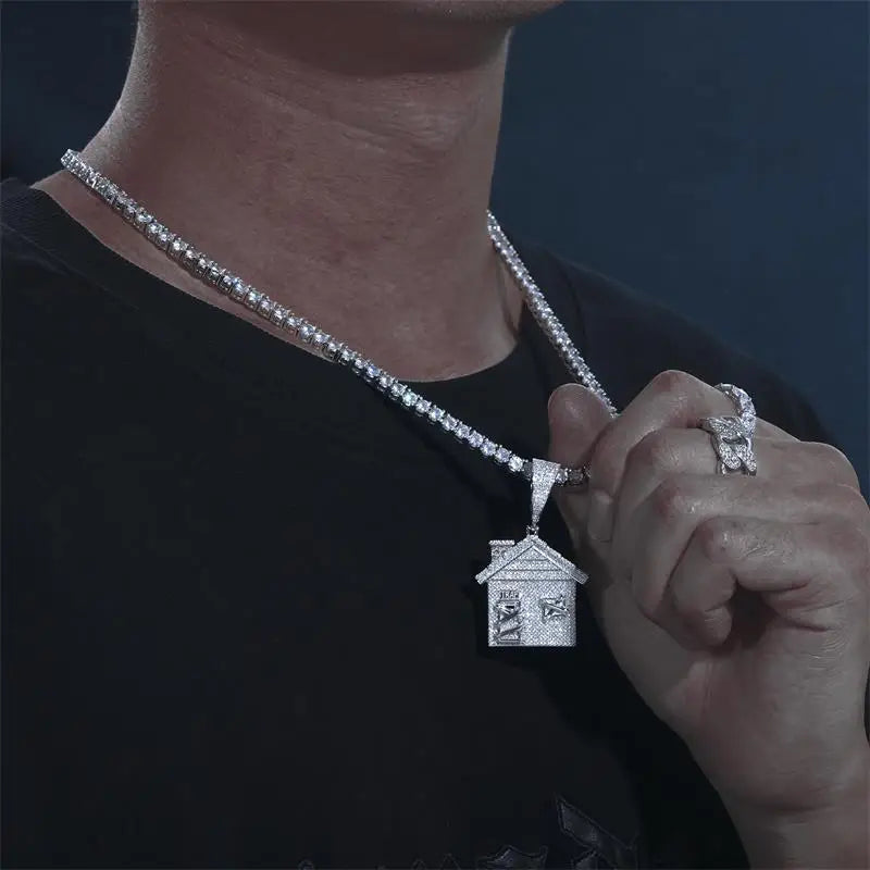 925 Sterling Silver Iced Out Moissanite House Pendant Necklace Classic Blocked Door Pendant For Men Trendy Hip Hop Women Jewelry