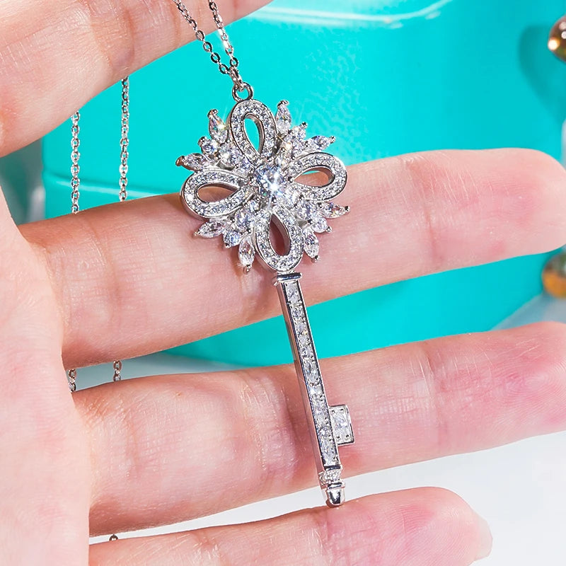 Snowflake Diamond Key Necklace 100% 925 Sterling Silver